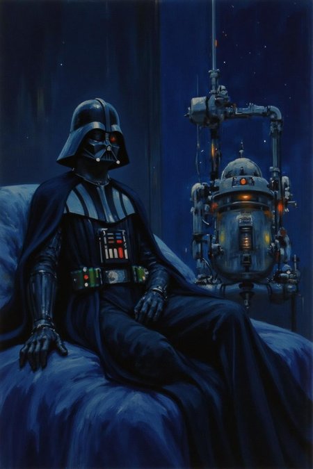 jober1 illustration.
sydme1 painting. A night scene. Darth Vader sleeping in a dimly lit room, with his cybernetic life support system in the background blinking with LED lights.   <lora:jober1_cap_d6a3e12:1.0><lora:819130493619663526:0>