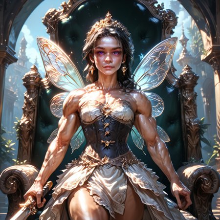 Action scene, detailed, photo realistic, hyper realistic, score_9, rating_safe, solo ((arch fey, violet eyes, (beautiful woman, white underbust corset, sword belt, and holding a sword), (huge muscles, small petite breasts, muscular thighs, muscular biceps, muscular shoulders, toned abs), (bronze metallic gold skin ral-polishedsteel), (fairy wings), (long black hair))), (standing next to a multicolored crystal throne, in a detailed throne room filled with treasures, detailed lighting), hi res, hi quality, 4k, concept art, digital art, realistic, detailed background, lens flare, pixel art, piratical beauty, great lighting