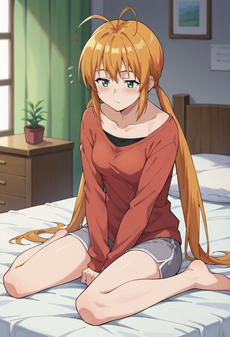 score_9,score_8_up,score_7_up,score_6_up,score_5_up,score_4_up,anime coloring BREAK source_anime,anime,<lora:Monica_Adenauer_Yakitate_Japan_Pony_r1:0.7>,monica,1girl,solo,green eyes,orange hair,twintails,long hair,antenna hair,orange shirt,grey shorts,sleepy,sitting,on bed,bedroom,