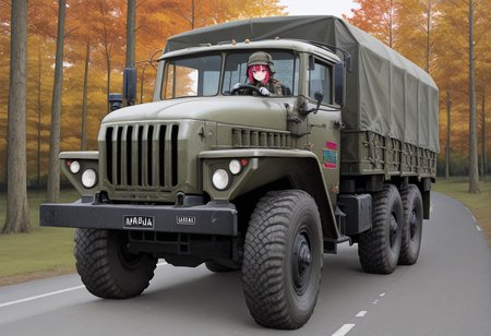masterpiece, best quality, Graphic Design, color art, vibrant colors, intricate details, high contrast, detailed background, beautiful detailed, beautiful face, detailed eyes, detailed face, new, newest, 1girl, solo, military uniform, driving, ur4l, truck, military vehicle, car, tarpaulin, outdoors, vehicle focus, forest,