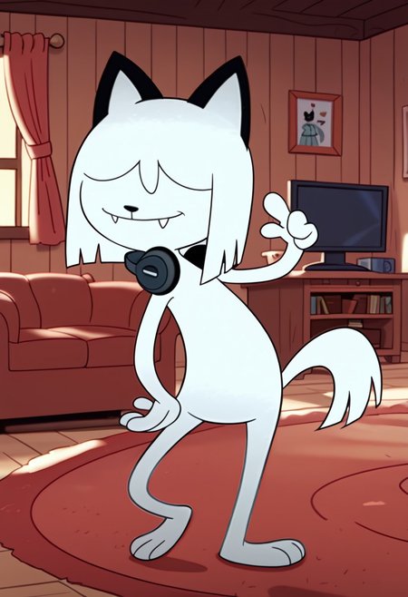 score_9, score_8_up, score_7_up BREAK QatTM, 1girl, anthro cat, black nose, hair-covered eyes, unseen eyes, bobcut, tail, black headphones on neck, screenshot, official art, parody, cartoon footage, official design, screencap, cartoon screenshot, official screenshot, cartoon, source_cartoon, solo, solo focus, smiling at viewer, living room indoors, living room background, full body, fangs,