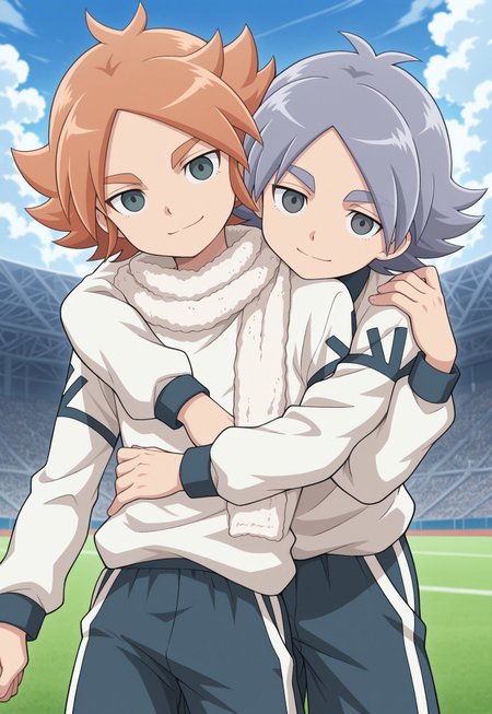 masterpiece,best quality,amazing quality, source_anime, 
2boys, brothers, looking at viewer, smile,
alpine soccer unifor, white shirt, long sleeves, grey shorts, hug from behind,

FubukiAtsuya, 1boy, male focus, grey eyes, orange hair, BREAK

fubukishirou, 1boy, male focus, grey hair, parted bangs, grey eyes, BREAK

outdoor, sky, day, clouds,
