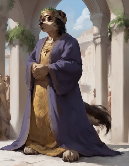 source_furry,  furry white italian hound dog, wearing a roman leaf crown and purple robe, standing at a roman style palace, ancient rome, expressionless,     full body,  tail, 
<lora:chunie-Pony-XL-v6:0.8> <lora:MegaFluffyPony:0.3> MegaFluffyPony, furry, fluffy, score_9, score_8_up, score_7_up, score_6_up, score_5_up,
