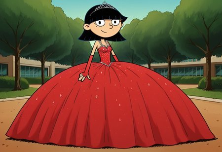 score_9_up,score_8_up,score_7_up,score_6_up,score_5_up,score_4_up BREAK rhonda,black hair, black eyes, bob cut, blunt bangs, Very large red floor length gown, ball gown, rhimestones. She is also wearing a tiara, hoop skirt, dome shape skirt, quinceanera, prom, pageant, long elbow length red fingerless Satin bridal gloves, contrapposto, hand on own hip, park, tree, building,smile,arm at side, leaning to the side, dutch angle, looking at viewer,    <lora:RhondaPony:1>