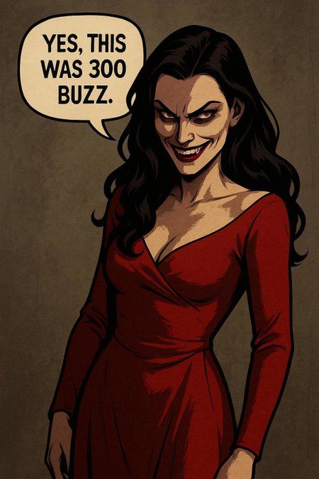 Evil woman saying "Yes, this was 300 buzz", She is beautiful, evil grin, red dress, cowboy shot