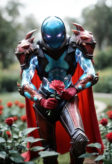 <lora:Arc_Warden_v1:1> arc_warden_v1, 
1boy, no humans, 
glowing,  
claws, 
armor, cape, helmet,gloves, shoulder armor, boots, gloves,, score_9, score_8_up, score_7_up, score_6_up, derpibooru_p_95,
detailed eyes, beautiful, detailed background, perfect eyes,
blur censor, blurry, blurry background, blurry foreground, bokeh, motion blur,
chromatic aberration, depth of field, figure, focused,  focus
photography, realistic sun light and shadows, photorealism, UHD --ar 9:16 --style raw --stylize 700,
solo,
garden background,holding a rose, smelling a rose, closed eyes, romantic style, slight smile, unique angle, comics angle, close shot,