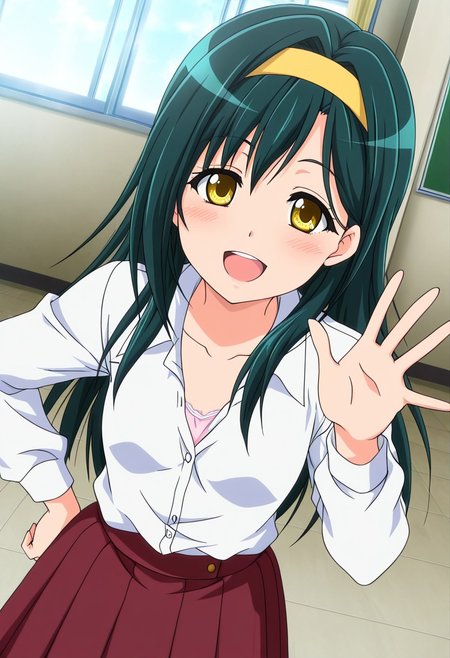 general,highres, ultra-detailed,very aesthetic,best quality ,best hands,best eyes,easynegative,
dynamic anglre, dutch angle, anime cloring,anime screencap,
1girl solo,looking at viewer,smile, open mouth, waving hand, hand on hip, school, 
Iori MATSUDO,dark green hair, long_hair, hairband, yellow band, small breasts, yellow eyes,open chest shirt,skirt,