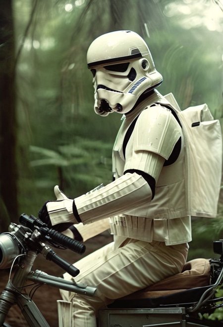 big lebowsky film style photography, Closeup, thumb-up, Vintage Photo, stormtrooper sitting on speederbike on endor, front view, veil of motion, cockpit speed view, high-speed chase, thumb up pose, 
very detailed, hd, RAW photograph, masterpiece, top quality, best quality, official art,highest detailed, atmospheric lighting, cinematic composition, high quality , (8k, RAW photo, highest quality),