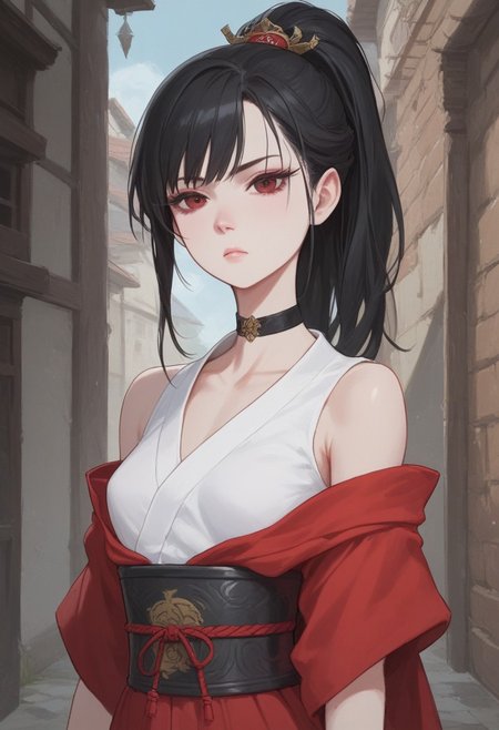 score_9, score_8_up, score_7_up, extremely detailed, 1 girl, pale skin, tall, skinny, athletic body, small breasts, medium length black hair, tight ponytail, side bangs, stern expression, wearing short sleeveless kimono, black wristguards with red trim, fingerless gloves, choker, kunoichi, in a medieval alleyway