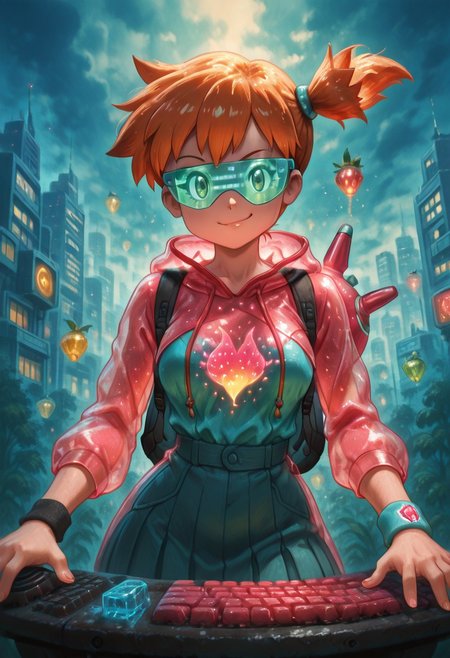 masterpiece, best quality, solo, curvy, beautiful eyes, narrow waist, wide hips, 1girl, solo, smile, looking at viewer, dynamic angle, foreshortening, close up,      1girl, solo, smile, looking at viewer, dynamic angle, foreshortening, close up, zzMisty, green eyes, orange hair, short hair, side ponytail, 
strbrry, 
[Neon Pulse Hacker], transparent raincoat with fiber optic trim, glitch-print hoodie, pleated tech skirt, holo-screen wristband, light-up keyboard backpack, neon wire glasses, digital city skyline, floating data cubes, side smirk, glowing fingertips, (upper body:1.2),