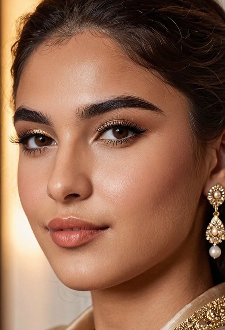 (masterpiece), (high detail), (cinematic lighting), laylalux, close-up headshot of a 20-year-old Middle Eastern woman with sculpted brows, almond brown eyes, and matte lips, hair pulled behind ears, wearing pearl earrings and a silk robe, slight smirk, soft backlight creating a halo glow