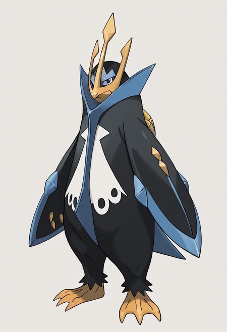(score_9, score_8, score_7), masterwork, masterpiece, best quality, emperor01, large penguin, dark navy blue body with light blue accents, sharp yellow beak, golden trident-shaped crest on head, wide flipper-like arms with blue blade edges, white chest with six black circular markings in two rows, yellow webbed feet with claws, short pointed tail,PokeStyleMix