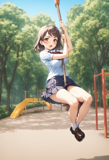 1girl, <lora:sdxl2-flat2-512b:-1>,medium breasts,school uniform,
tarzan rope, <lora:tarzanrope_XL_v1:0.7>,solo, outdoors, day, playground, ceiling, full body, looking at viewer, furled brow,  open mouth,
best quality,medium quality,