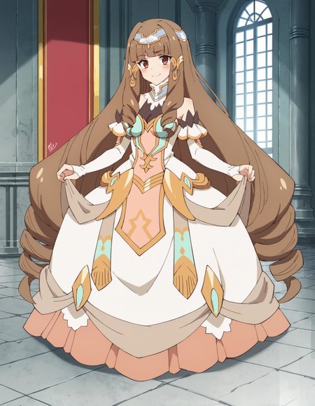 score_9, score_8_up, score_7_up, score_6_up, score_5_up, score_4_up, anime coloring
BREAK
elizabeth_olis, 1girl, solo, brown hair, drill sidelocks, very long hair, brown eyes, gown, circlet, hair tubes, high collar, see-through cleavage, elbow gloves, looking at viewer, blush, smile, full body, standing, skirt hold
BREAK
throne room, throne, column, window, day, blue sky
<lora:elizabeth_Lv2karaCheat_ponyxl_v01:1>