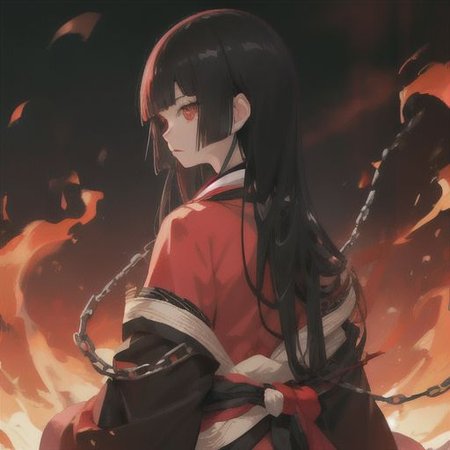enma_ai 1girl, solo, hair down, hair black, bangs hair, eyes red, kimono black, masterpiece, best quality, high quality, fire, hell, chains, prison, night