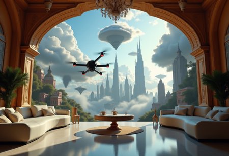 the most realistic, photorealistic photo ever taken [flythrough inside a luxurious mansion leading to a majestical city in the clouds, a GIRL FANTASY dream world with tall and modern skyscrapers, BRIGHT COLORS, floating islands in the sky, shifting landscapes, and ethereal creatures, Captured with a Hasselblad X2D 100C and an 80mm f/1.9 lens, hyper-realistic textures, elegant shadows, incredible realism, creamy bokeh, ultra-detailed textures, perfect lighting], aidmamj6.1, aidmaimageupgrader
