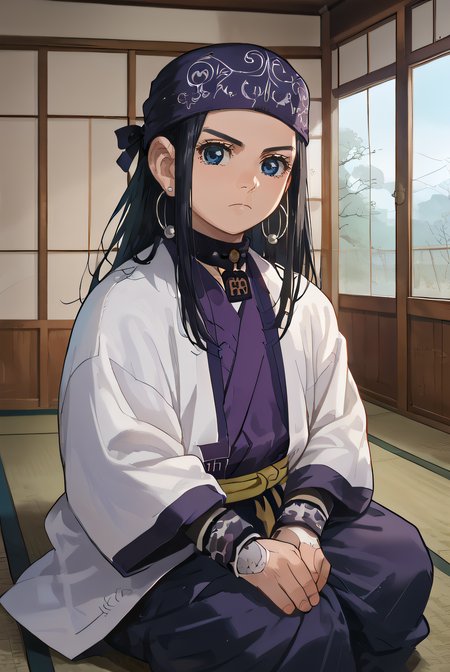 score_9, score_8_up, source_anime,
asirpa, 1girl, solo, long hair, looking at viewer, blue eyes, black hair, jewelry, closed mouth, earrings, hoop earrings, bandana headband, ainu clothes, indoors, sitting, tatami, wariza, <lora:asirpa-10:1> 
<lora:Smooth Style 2 SDXL_LoRA_Pony Diffusion V6 XL:0.8>