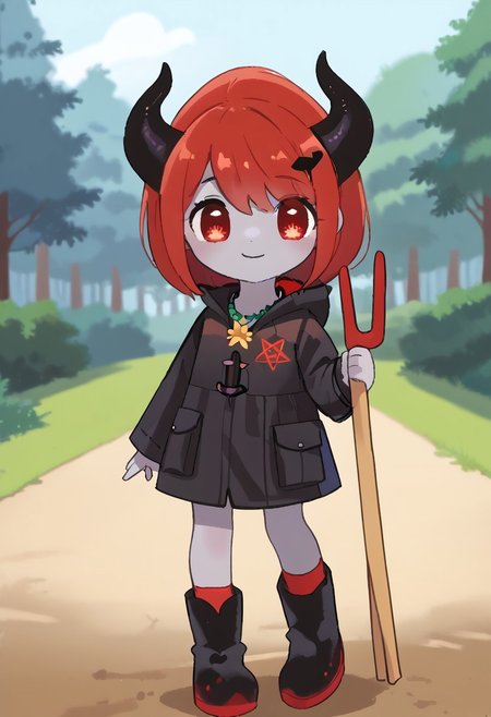score_9, score_8_up, score_7_up, BREAK
highres, highly detailed, high resolution, high quality, 
source_anime, anime screencap, saturation, vivid colors, 
1girl, solo, luce, full body, standing, demon girl,
(dark red hair:1.2), (big dark red eyes:1.1), medium hair, cute, (grey skin:1.1), (horns:1.2), 
(long black raincoat:1.1), black rubber boots, 
pentagram necklace, holding red trident, holding red pitchfork,
pikaole, cute, bokeh,
blurry background, forest background, path