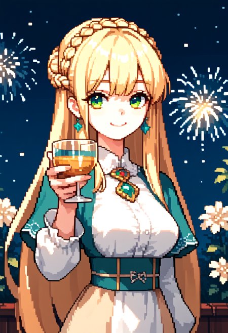 texture score_9, score_8_up, score_7_up, source_anime, embedding:zPDXL3, pixel art,  1girl, solo, fomceline, blonde hair, green eyes, crown braid, straight hair, very long hair, ribbon bangs, medium breast, narrow waist, wide hip, curvy,  smile holding cup fireworks top down close-up, <lora:Pony\char\FOM Celine - v2.safetensors:0.8:0.8> <lora:Pony\style\oppai_v0.1-pony.safetensors:0.6:0.6> <lora:Pony\pose\holding_cup_toasting_xlpony.safetensors:0.9:0.9>