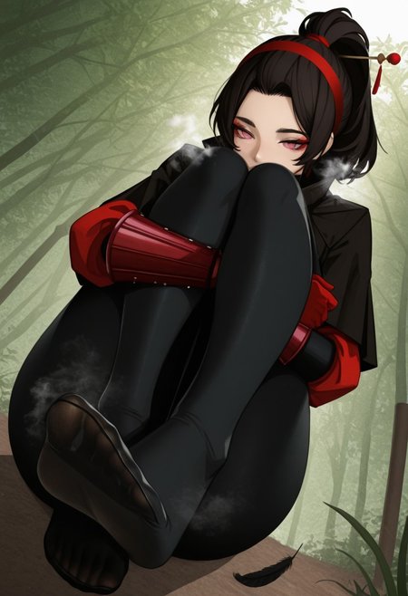 datsuma69,  outdoors, undershirt, falling feathers, black bodysuit, hair stick, hugging own legs, , gauntlets,   eyeshadow,   red gloves,  high ponytail,  , black capelet, red hairband, pink eyes, 1girl, solo, feet, visible breath,   dynamic angle, foreshortening, smell, steam,