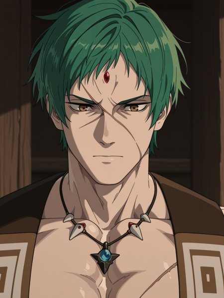 ace focus, close up, full face, masterpiece, best quality, amazing quality, Ruijerd Superdia, necklace, muscular, scar on face, green hair, closed mouth, abs