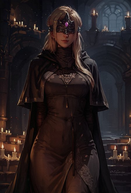 score_9, score_8_up, score_7_up,  1girl, solo, firekeeper, mask, blonde hair, black dress, capelet, hands behind back, looking at viewer, smiling, kind smile, candle, castel, night, curvy, tear-drop breast, perfect body, long dress,    <lora:sinfully_stylish_SDXL> <lora:Expressive_H-000001:0.6> Expressiveh <lora:Firekeeper_Dark_souls_3:0.7> <lora:Concept Art Twilight Style SDXL_LoRA_Pony Diffusion V6 XL:0.6>