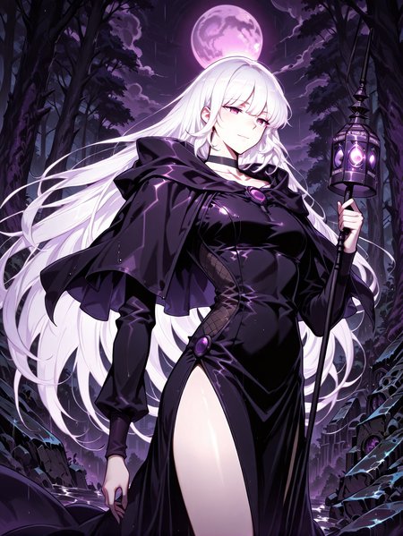 <lora:Pleu__The_Knight_King_Who_Returned_with_a_God__Illustrious:1>
1 girl, solo, purple eyes, long hair, white hair, bangs, 
black dress, long dress, barefoot, black choker, long sleeves, capelet, jewelry, hood, collarbone, side slit, 
score_9, score_8_up, score_7_up, very aesthetic, source_anime, detailed, high quality, beautiful, masterpiece, detailed eyes, forest, tree, ruins, cowboy shot, dynamic angle, upper body, light smile, dynamic pose, rain, night, purple moon, holding staff,  holding lantern, <lora:iLLMythG0thicL1nes:1>