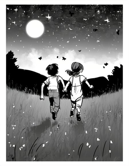 Two kids, chasing fireflies, in a meadow under a starry night. <lora:Storyboard_sketch:0.85>