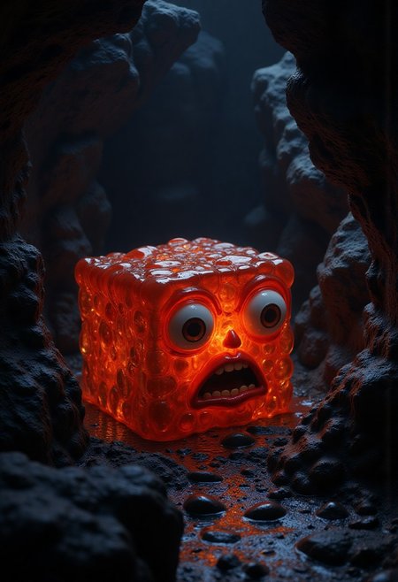the enormous cute gelatine ooze cube with the surprised eyes in the dungeons, dim light, pixar art, detailed, intricate details, 8k, best quality, hdr, masterpiece, aidmamjv7