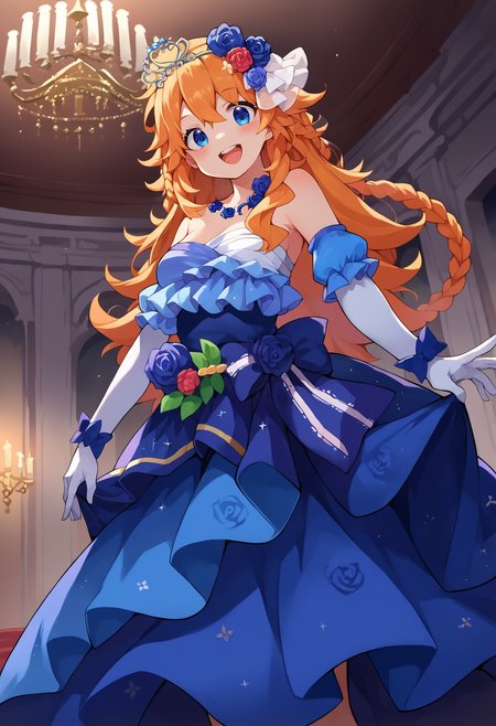 score_9, score_8, score_7_up, hd, (ultra hd quality details), source_anime, indoors, chandelier,
solo, 1girl, medium breasts,
gibarae, orange hair, otgbecind, braid, hair flower, blue rose, tiara, blue dress, layered dress, necklace, strapless, bare shoulders, white gloves, elbow gloves, red flower,
looking at viewer, blush, smile, open mouth,
standing, from below,
<lora:_otogibara_era-elesico-pony:1>
