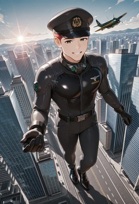 (masterpiece, best quality, very awa), dynamic, cinematic, BREAK, giant, giant male, adult face, 1giant, male focus,
BREAK, <giant male: black pilot suit, formal wear, suit, pilot hat, pilot shoes, standing, giant grabbing small model commercial airplane, hand gripping flying model commercial airplane body, hand holding model airplane body, smile,>, city background, city, buildings, downtown surroundings, busy downtown city, ground vehicles, cinematic sunlight, 
BREAK, from front, full body, full view, zoomed in, from above,