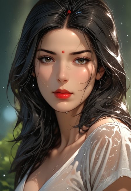 (score_9, score_8_up, score_7_up), 1 girl, portrait, savita bhabhi, black hair, face, obscured, water droplets, mist, black lips, muted tones, gaze, upwards, questioning look, arched eyebrows