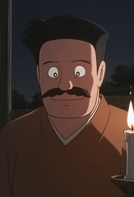 1boy, close-up, light smile, looking down, darkness, candlelight, night,
BREAK
nobirunobi, old man, mustache, black hair,
BREAK
japanese clothes, brown clothes,
BREAK
best quality, masterpiece, very aesthetic, absurdres, highest detailed, very awa, <lora:Nobiru_Nobi_from_Doraemon_v0.1:1>, <lora:dark:1>