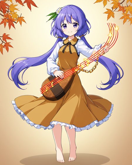 tsukumo benben,1girl, solo, hair_flower, lute_\(instrument\), barefoot, biwa_lute, chain, looking_at_viewer, leaf, staff_\(music\), ribbon, autumn_leaves, full_body, twintails, smile, long_sleeves, brown_dress, eighth_note, holding, music
<lora:tsukumo_benben_image916_2023-12-20-000015:1>,star-shaped_pupils,symbol-shaped_pupils,. gorgeous,key visual, vibrant, studio anime,award-winning, professional, highly detailed,high budget, cinemascope