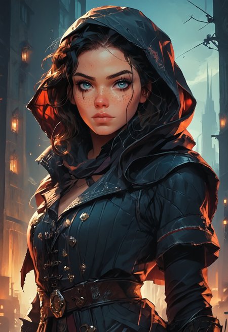 ((zPDXL3)), (score_9, score_8_up, score_7_up), Digital painting style, brushstrokes, source_nsfw, ((face focus, eye focus, dynamic angle, motion)), ((waist-up portrait)), 1girl, fantasy, ((pureerosface_xl)), 
BREAK,
(1girl, solo), EvieFrye,1girl, black hair, lips, freckles, blue eyes, female focus, SimplyEvie, hood, gloves, cloak, belt, boots, cape, coat, pants, breathless intimacy, textured skin, leggings, petite model bombshell, delicate features, narrow pointy nose, tiny nose, lust, big eyes, seductive eyes, detailed skin, flared lashes, mascara, makeup, breasts, athletic body, narrow waist, wide hips, ((tiny waist)), slender figure, sensual gaze, 
warm light, detailed, two arms, good hands,
BREAK,
milky way, runes, arcane, astral, surreal, ethereal glow, masterpiece, best quality, intricate design. colorful, fantasy city streets, evening, sunset light, moody whimsical color palette, bold soldering lines, volumetric light shining through, crepuscular rays, intricate craftsmanship, detailed texture, luminous transparency, reflective light play, vivid hues, atmospheric depth, enchanting silhouette, art nouveau,
<lora:PainterlyFantasiaPDXL:0.6>,