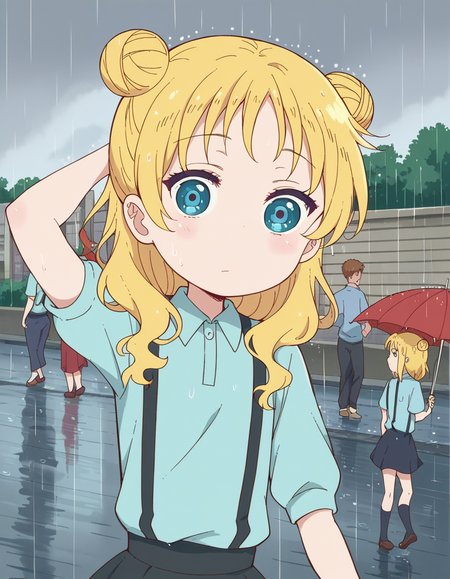 score_9, score_8_up, score_7_up, source_anime, <lora:dragon-chloe-s2-ponyxl-lora-nochekaiser:1>, chloe, blue eyes, blonde hair, hair bun, double bun, child, female child,, skirt, shirt, thighhighs, collared shirt, suspenders, blue shirt,, rainy day, umbrella, walking home, puddles, wet hair, , looking at viewer, hand behind head, , solo,, dutch angle,
