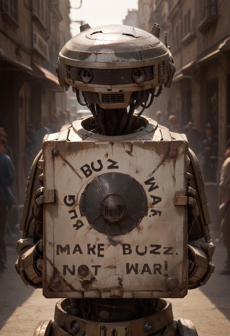 realistic photograph of a broken rusty mossy old robot, l3-37, looking at viewer, holding blank sign, a broken rusty metallic sign, upper body, Hold up a sign saying (MAKE BUZZ. NOT WAR!:1.2), on a battlefield downtown street, many robots running behind, mixed robots