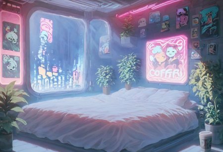 score_9,score_8_up,score_7_up,score_6_up, 
steaming coffee cup on windowsill, plants on the windowsill, wall of plants, monstera plant, large plant, tidy bedrrom, small room, cramped bedroom, teddies on the bed, cyberpunk city view out of the window, neon light, purple neon lights, posters, posters on the wall, anime posters, lewd posters, anime girls on the poster