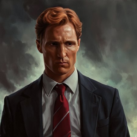 concept art of cinematic film still of  <lora:add-detail-xl:1>0
<lora:detailed:0.3>
<lora:perfection style:0.3>
<lora:xl_more_art-full_v1:0.3>
 <lora:true detective style:1>
a painting of a man with a tie and a suit,solo,shirt,1boy,male focus,red hair,necktie,collared shirt,traditional media,parody,formal,suit,portrait,black necktie , sharp, detailed, epic photography, artistic, dramatic light, cinematic style, film style, 
true detective style, digital artwork, illustrative, painterly, matte painting, highly detailed