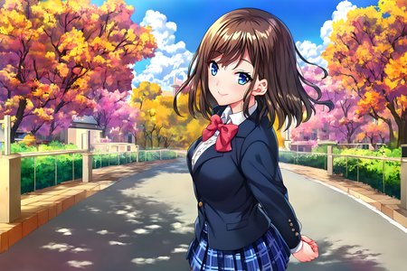 <lora:pony_xl_yayoi:0.9>,yayoi,score_9,score_8_up,score_7_up,source_anime,1girl,solo,school uniform,blue jacket,open jacket,long sleeves,white collared shirt,shirt_removed,red bowtie,blue mini skirt,plaid skirt,pleated skirt,shiny hair,wrinkling of clothes,dense hair,hair fluttering in the wind,real world location,scenery,outdoors,day,sunlight,sky,blue sky,cloudy sky,wind,calm wind,skyline,garden,tree,bush,grass,tree shade,shade,cityscape,city,streets of japan,bridge,building,road,street,pavement,lamppost,power lines,architecture,fence,gate,wooden fence,house,available light,rim light,light leaks,intense shadows,cowboy_shot,looking_at_viewer,smile,happy,gentle smile,standing,arms_behind_back,