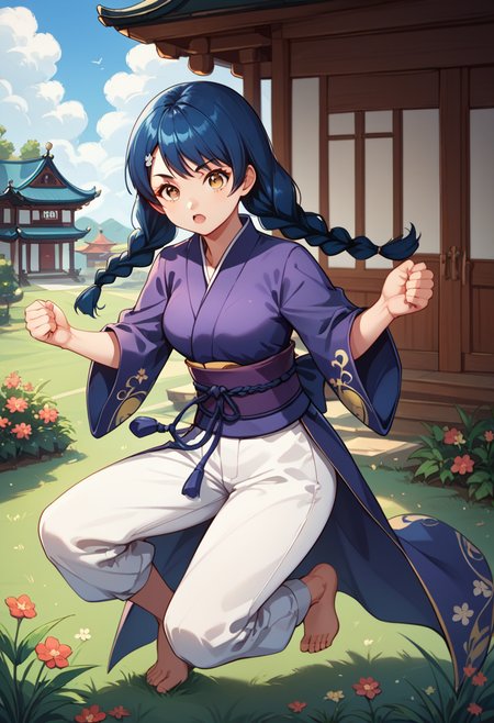 (tadokoro megumi),
score_9, score_8_up, score_7_up,masterpiece, best quality, ultra detailed,  in a big garden in front of a old Chinese building, green plants, long grass, flower, 
A picture of a girl, solo, practicing Chinese kung_fu , she is wearing a yin_yang_print robe, white pants, barefoot, looking at viewer seriously,  open arms and fighting stance, 
A Japanese 1girl has blue hair which was bound into twin braids, yellow eyes and brown pupils, round face, (tender and slender:1.21) body with medium breasts,  ,  <lora:TadokoroMegumi_Pony_r1:1>