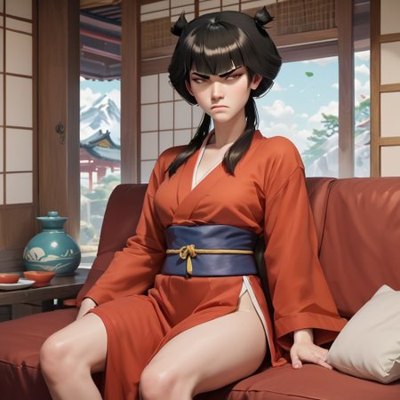 score_9, score_8_up, score_7_up, score_6_up, score_5_up, score_4_up, rating_questionable, Mai, in a Japanese house, sitting on a couch