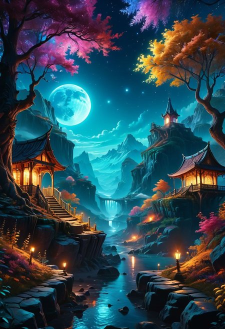 4k wallpaper, full realistic, extremely detailed, best quality, realistic, sidelighting, high resolution, 64k,  surreal concept art, low angle, fantasy night atmosphere, very aesthetic shadows, realistic legendary majestic, vivd-colorful, well,  <lora:Dreamyvibes artstyle SDXL - Trigger with dreamyvibes artstyle:0.6> <lora:filmicVibesXL_v1.1:0.8>, <lora:ral-anmwrlds-sdxl:0.15>, <lora:d3t41l3dXLP:0.35> , <lora:dvr-stnd:0.4>