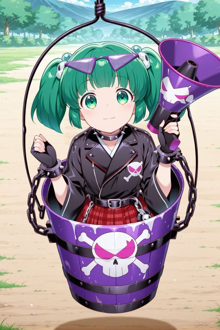 absurdres, highres, masterpiece, best quality, amazing quality, official anime artwork, screencap, anime screencap, outdoors, looking at viewer, light smile, dynamic pose, 
<lora:Kisume_Illustrious:1> kisume, 1girl, solo, green eyes, green hair, short hair, short twintails,, kisume \(whisper amplification bucket\), alternate costume, purple-framed eyewear, eyewear on head, skull hair ornament, black collar, spiked collar, black jacket, long sleeves, black belt, cuffs, shackles, black gloves, fingerless gloves, red skirt, plaid skirt, purple bucket, skull print, in bucket, chain, holding megaphone,