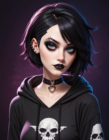 score_9, score_8_up, score_7_up, score_6_up, score_5_up, score_4_up, woman wearing hoodie, with short black hair, choker, pale skin, goth, emo, gothic background