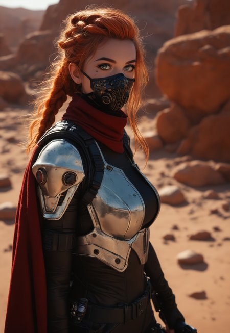 score_7_up, ((1girl, solo, 23yo))
shot of tall vikingpunk woman holding an red mad-srgns m41a rifle, she is wearing a futuristic plate armor with face mask and red cloak that are covered in celtic runes, her ginger braided hair floats in the wind as she through a barren desert,  <lora:ck-nc-pastel-cyberpunk:1.2> <lora:fluxVikingPunk:0.6>  
(((full clothed)))
 (8k uhd:1,4)
 <lora:Dynamic Poses:1>
 <lora:detailed_notrigger:1>