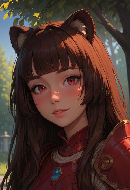 score_9_up, score_8_up, score_7_up, score_6_up, 1girl, 25 years old, perfect face, cute, petite,
detailed face, portrait, face focus, depth of field, looking at viewer, blush, shy smile, close up, 
red eyes, 
animal ear fluff, animal ears, raccoon ears, raccoon girl,
brown hair, long hair, blunt bangs, sidelocks,
brown armor, red armor, brown elbow gloves, long sleeves, brown shoulder armor, white ribbed shirt, red ribbon, 
park,