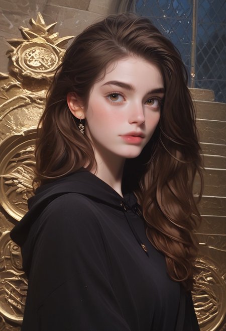 score_9, score_8_up, score_7_up, 
BREAK, 
Chiaroscuro Lighting Style, partially covered in shadow, epiCPhoto,  Expresiveh, 
BREAK,
1woman, 25 yrs old,  katie bell from harry potter, detailed face, jawline, smooth skin, beige skin, beautiful eyes, brown eyes, portrait, (((brown hair))), shoulder length hair, sleek hair, big round breast,  slim waist , red pendent,robe with hoodie, gryffindor uniform, gryffindor emblem, black robe
BREAK,
hogwarts castle in background