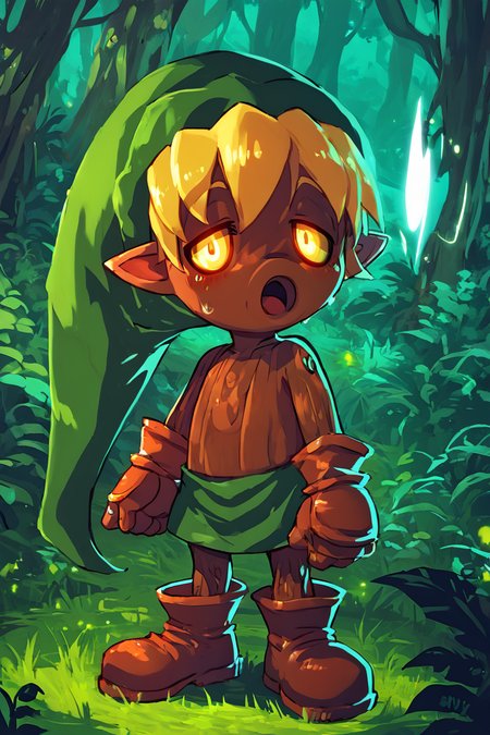 score_9, score_8_up, score_8,   BREAK, , zzDekuLink, 1boy, male focus, blonde hair, hat, green headwear, yellow eyes, pointy ears, dark skin,   gloves, full body, boots, glowing eyes, glowing, forest,   <lora:DekuLinkZelda_PDXL_v3:1.0>,  , BREAK,  looking at viewer, cowboy shot, ,,, embedding:zPDXL, Expressiveh, ,,, <lora:Zankuro_Style_PDXL:0.8> <lora:SDXLFaeTastic2400:0.5>, <lora:Expressive_H-000001:0.4>,