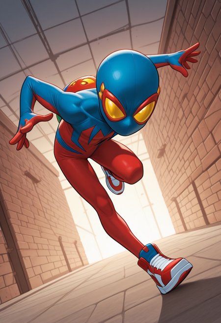 1boy, male focus, cute boy, BaileyBriggs, Mask, Yellow Eyes, Spiderboy Costume, Two-tone Bodysuit, Red Bodysuit, Blue Bodysuit, Red Blue Sneakers, cinematic, intricately detailed illustration, depth of field, masterpiece, best quality, amazing quality, very aesthetic, absurdres, newest, very awa, shadow, dynamic angle, casual cosplay, dynamic pose,  action pose,